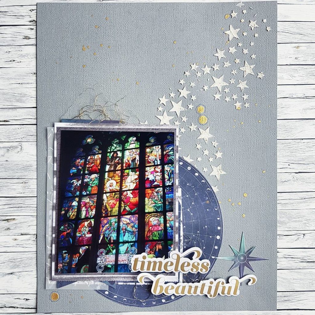 While I was watching the #inkiequillscrapstream last week, I created this layout about the beautiful mucha window. 
And I love it!  (You can see more photos in my blog - link in bio)

#scrapbook #scrapbooking #paper #paperlove #crafting #memorykeeping #mixedmedia #structurepaste #stars #sky #pinkpaisleemoonstruck #pinkpaislee #heidiswappcolorshine #prague #danipeuss #cardstock