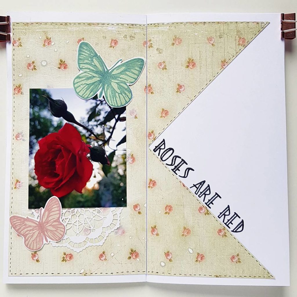 #7t7s by @kreativsuechtig - and of course  I'm also taking part! A little bit late to the party but still in! 

#scrapbook #scapbooking #memorykeeping #sketch #paper #paperlove #crafting #papierprojekt #momentstempel #stamping #layeredstamping #butterfly #roses #travelersnotebook #danipeuss #danidori
